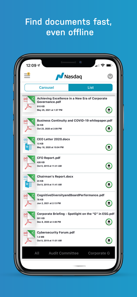 Nasdaq Boardvantage mobile app document list showing offline access to corporate reports.