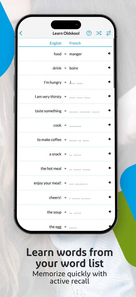 Learn vocabulary with Wozzol - Écran de l'application Wozzol affichant une liste de mots personnalisée anglais vers français pour l'apprentissage du vocabulaire par rappel actif