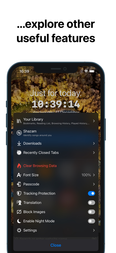 RedApp Lite: Private Browser - RedApp Lite app screenshot displaying a list of browser utility and privacy features on a customizable interface.