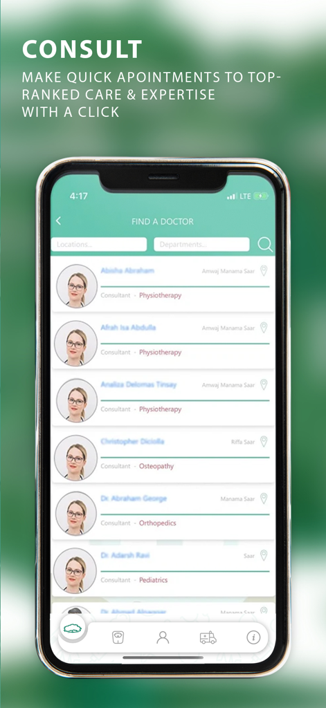AMH Mobile - AMH Mobile app screen showing a directory of doctors to book appointments across different locations in Bahrain