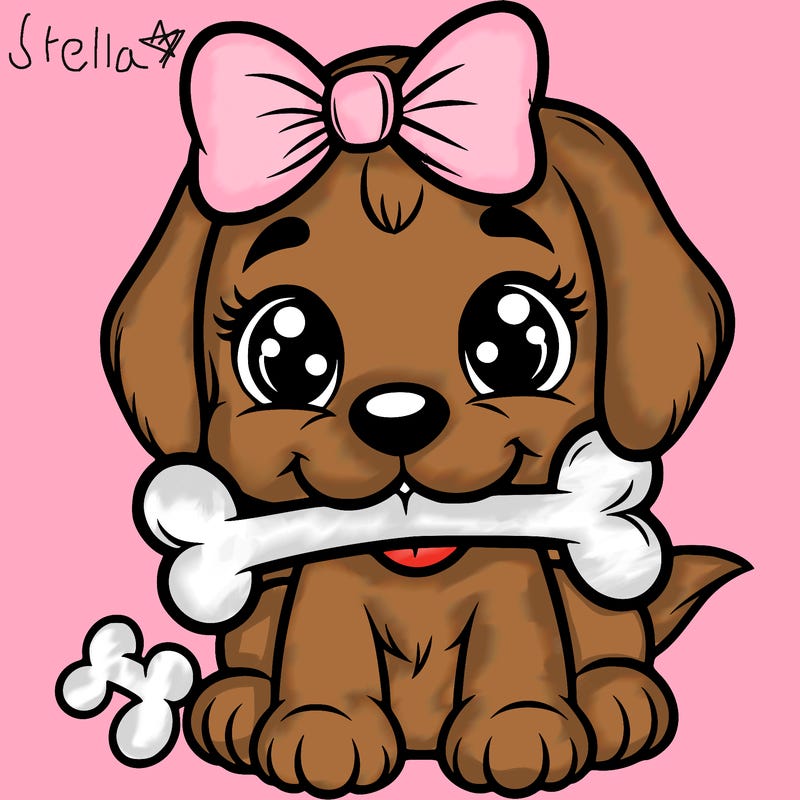 puppy with bone in her mouth wearing a pink bow