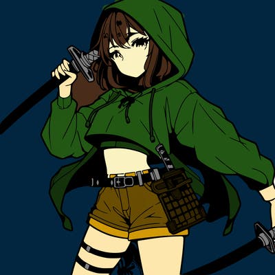 anime girl in a hoodie in a crop top and shorts with eyes holding a sword in a cool pose with no one else, just by herself