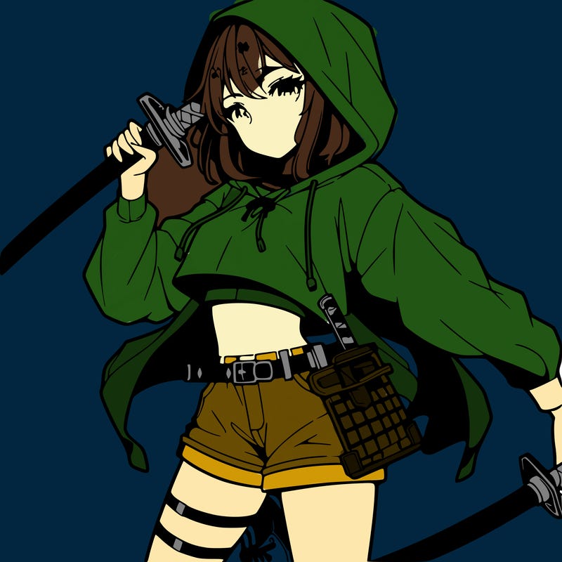 anime girl in a hoodie in a crop top and shorts with eyes holding a sword in a cool pose with no one else, just by herself
