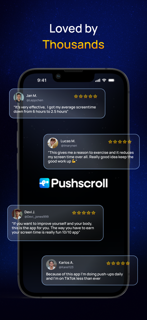 Mobile phone screen displaying positive user testimonials and five-star reviews for the Pushscroll app