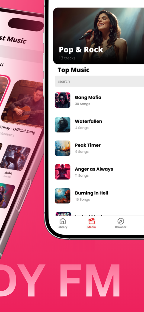 Tubidy Fm Offline Music Player - Écran d'iPhone montrant la bibliothèque de l'application Tubidy Fm avec des catégories comme Pop et Rock et une liste des meilleures chansons
