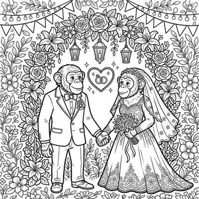 Step into a heartwarming scene with our Chimpanzee Wedding coloring page, featuring two adorable chimps ready to tie the knot. This intricate design captures the joy and romance of a special wedding day, perfect for coloring enthusiasts.