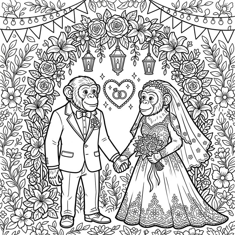 Step into a heartwarming scene with our Chimpanzee Wedding coloring page, featuring two adorable chimps ready to tie the knot. This intricate design captures the joy and romance of a special wedding day, perfect for coloring enthusiasts.
