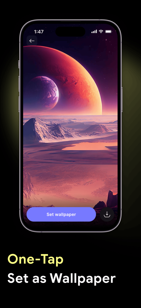 4K Wallpapers: HD Backgrounds - Interfaz de la aplicación móvil que muestra un fondo de pantalla 4K del espacio y un botón para establecer como fondo de pantalla con un solo toque