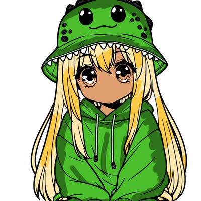girl with anime shaped eyes with a dinosaur bucket hat oversized sweatshirt long straight hair