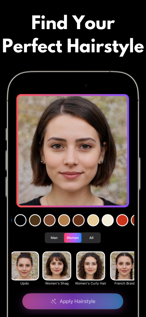 Interface de l'application mobile Essai de coiffure IA montrant la photo d'une femme avec des options de sélection pour diverses coiffures et couleurs de cheveux