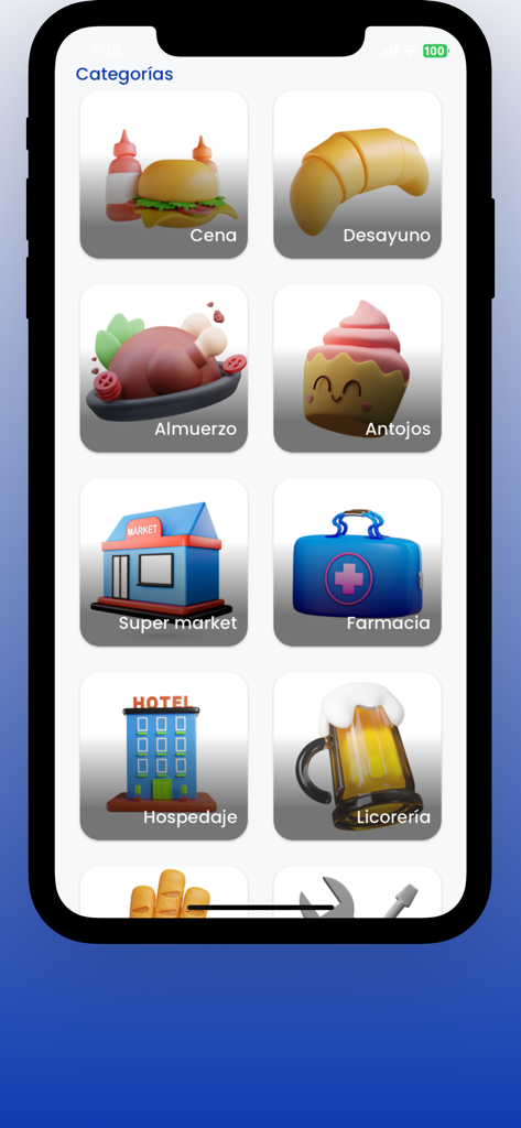 VenPide - Interfaz de la aplicación móvil VenPide mostrando varias categorías de servicios como comida, supermercado y farmacia con iconos 3D
