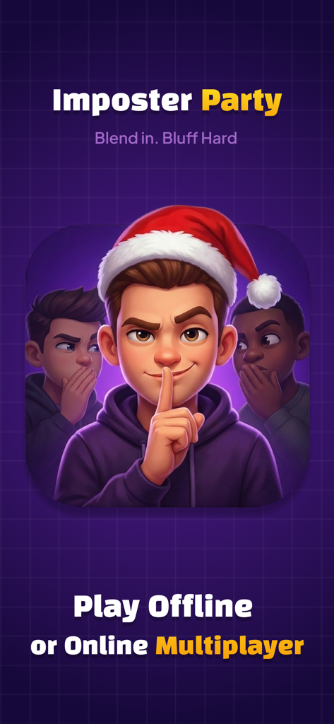 Pantalla de juego de la aplicación Imposter Party que muestra opciones multijugador para juego en línea y sin conexión con personajes festivos.