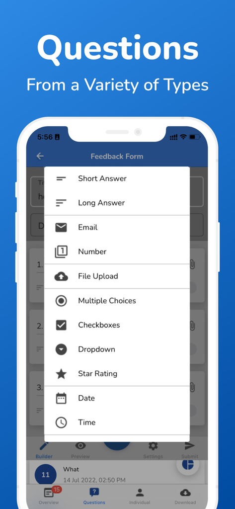 SurveyHeart mobile app screen showing a menu of eleven different question types for creating online forms and surveys.