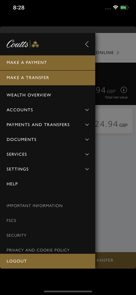 Menu laterale dell'app Coutts Mobile con opzioni di finanza e gestione patrimoniale
