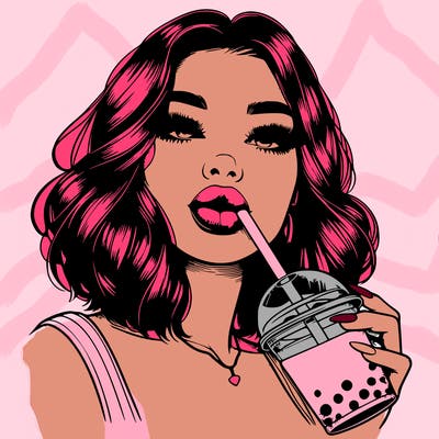 realistic girl with glossy lips holding boba