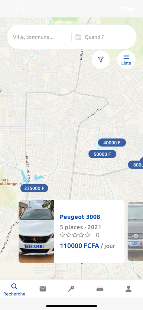 Interfaccia della mappa dell'app Monbolide che visualizza auto a noleggio disponibili e prezzi ad Abidjan