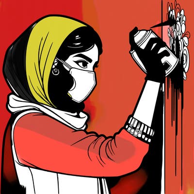 realistic girl with mask spray painting a wall