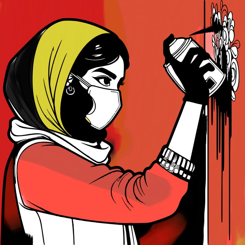 realistic girl with mask spray painting a wall