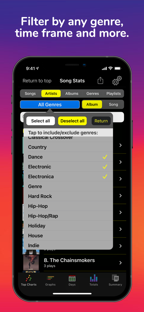 Song Stats for Apple Music - Apple Music song statistics app showing genre filter options