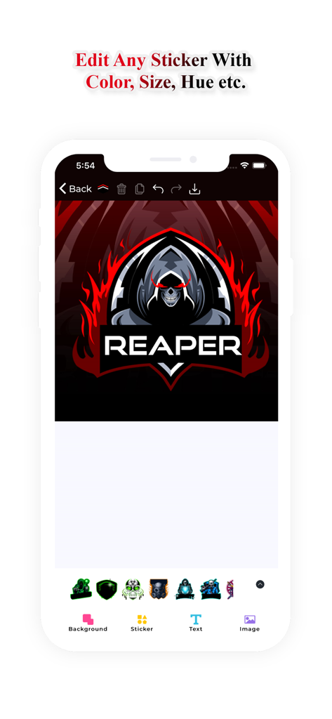 Mobile app interface for editing a gaming logo with a reaper mascot design