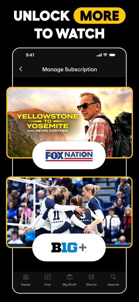 Screenshot of the FOX One app showing subscription options for FOX Nation and Big Ten Plus content