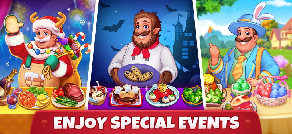 Cooking Madness-Kitchen Frenzy - Uma prévia dos eventos sazonais no Cooking Madness mostrando temas de Natal, Halloween e Páscoa