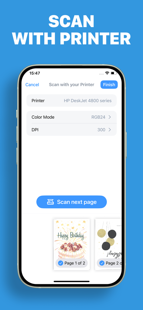 Smart Printer App · Air Print - Schermo dell'iPhone che visualizza la funzione di scansione con stampante per la gestione dei documenti mobili
