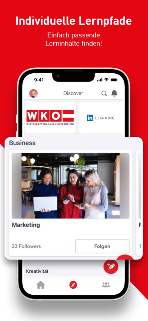 wise up - Interface do aplicativo móvel wise up mostrando trilhas de aprendizado personalizadas e cursos de marketing