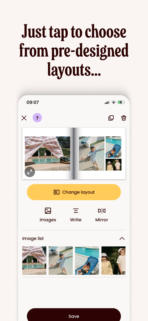 Once Upon | Photo book Creator - Interface of the Once Upon app showing pre-designed layouts for photo book creation