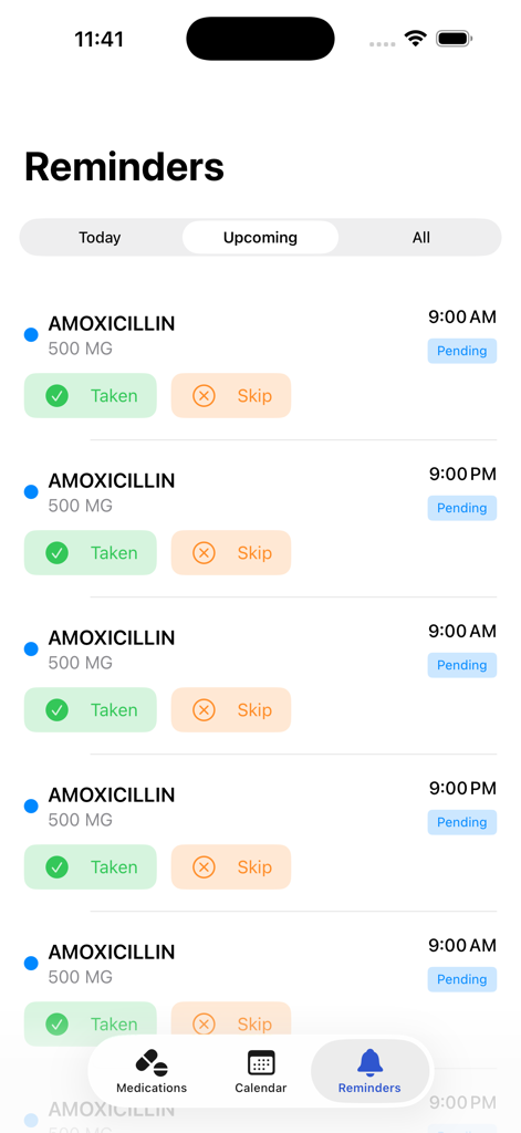 MedSnap - Snap It, Track It - MedSnap app interface showing upcoming medication reminders and dose tracking options for Amoxicillin doses
