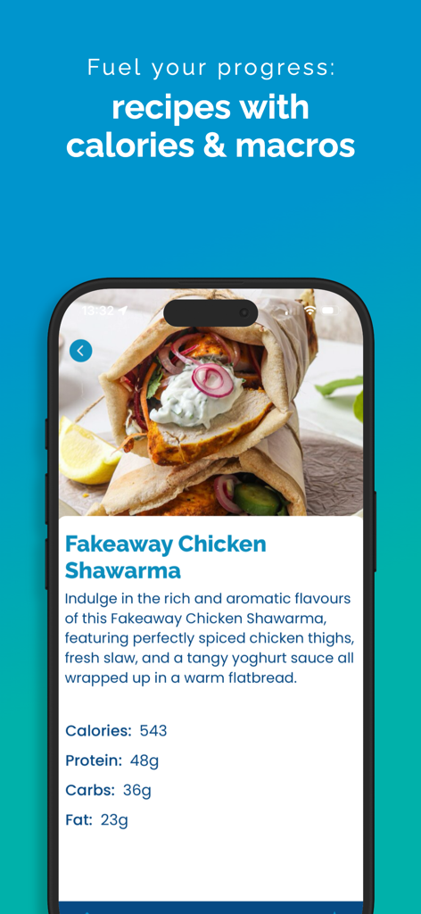 Food For Fitness: Easy Recipes - A recipe for Fakeaway Chicken Shawarma in the Food For Fitness app showing calorie and macro information.