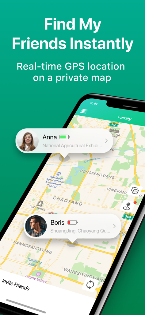 Find My Friends · Family Phone - Find My Friends app interface displaying real-time GPS location of family members on a private map