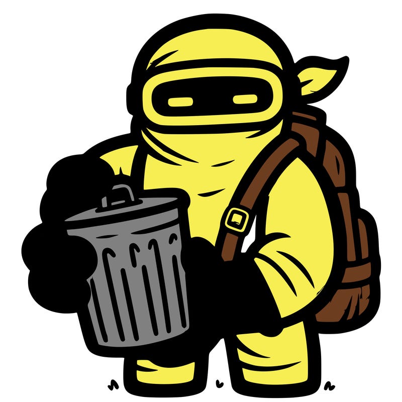 noob with trash can in hands