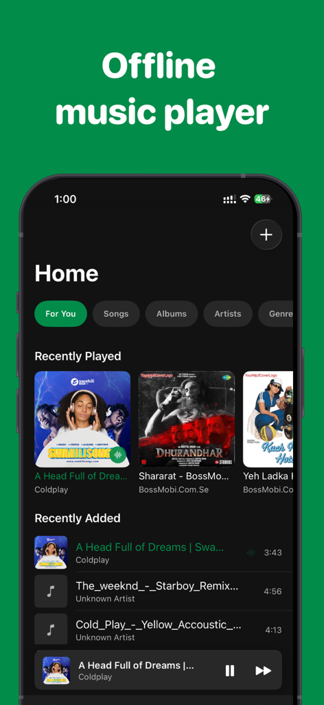 Offline music player : Songs - Home screen of the Offline music player app on iPhone showing recently played and recently added songs