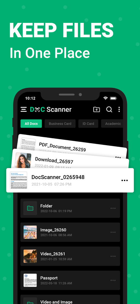OKEN - Doc Scanner, PDF Scan - Uma captura de tela do aplicativo OKEN Doc Scanner mostrando uma lista organizada de documentos digitalizados, incluindo IDs, PDFs e pastas sob o título Mantenha os Arquivos em Um Só Lugar.