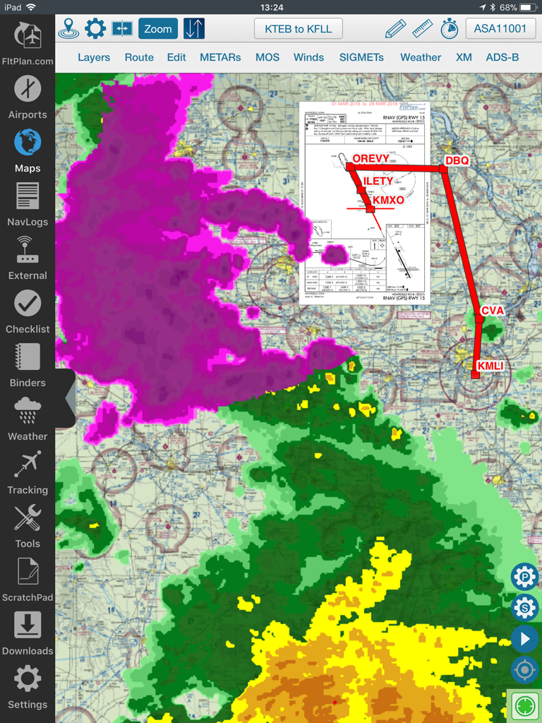 FltPlan Go - FltPlan Go iPad app interface displaying a moving map with flight route weather radar overlays and an approach plate