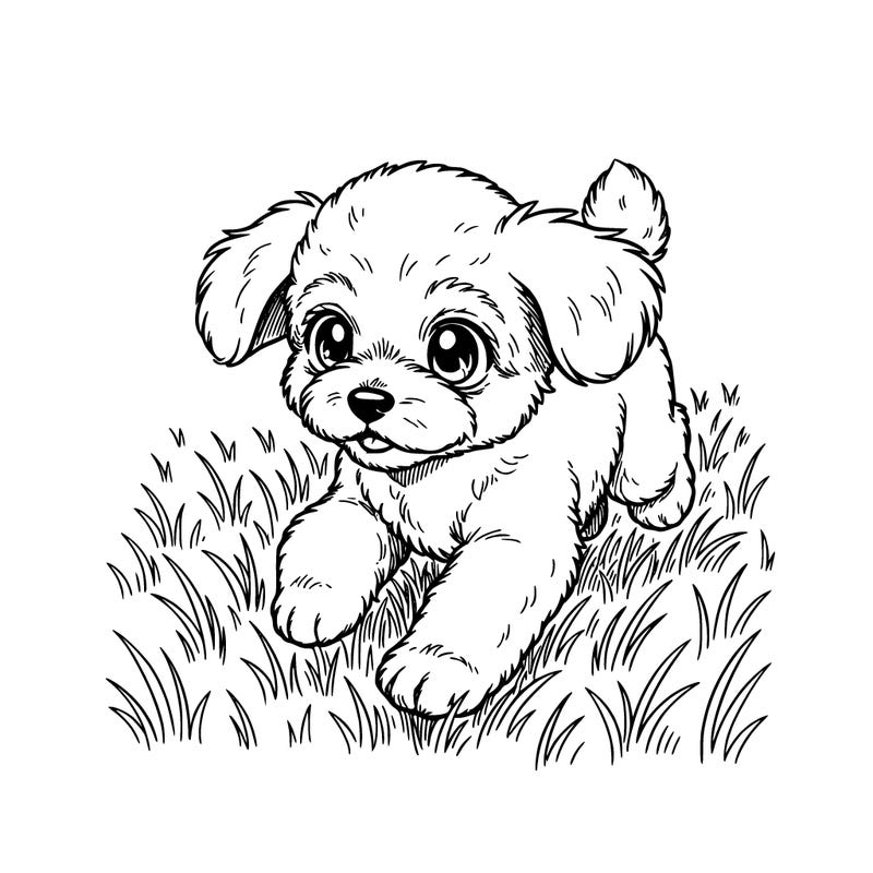 a girl toy poodle puppy running in a grass field