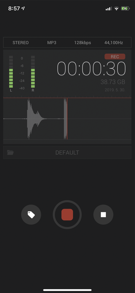 Awesome Voice Recorder PRO AVR interface showing an active audio recording with waveform and stereo meters
