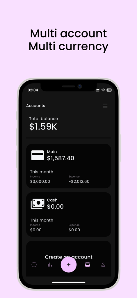 Flow: Expense tracker - Flow expense tracker interface displaying multiple accounts and currency balances in a minimalist dark theme