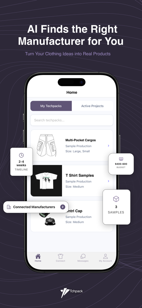 Tchpack - Tchpack app screen demonstrating AI manufacturer matching for clothing production