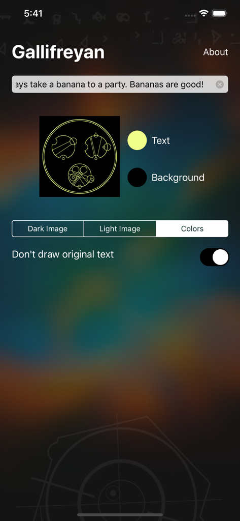 Interface of the Gallifreyan Translator app showing a circular script design and text customization options
