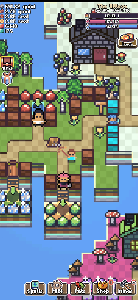 Idle Pocket Crafter 2 - Pixel art top-down view of a village island with characters harvesting resources and mining in Idle Pocket Crafter 2.
