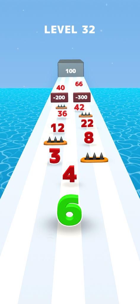 Number Run Merge Puzzle - 넘버 런 머지 퍼즐의 게임플레이 스크린샷. 장애물이 있는 트랙에서 숫자 러너가 달리는 모습.