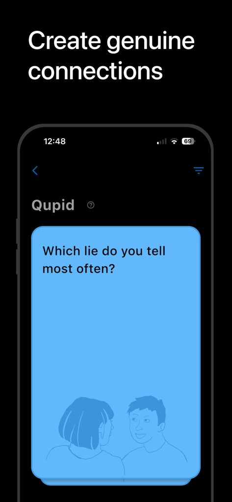 Social Gamebox - Pantalla de smartphone que muestra una pregunta para iniciar conversaciones de la aplicación Social Gamebox bajo el titular Crea conexiones genuinas
