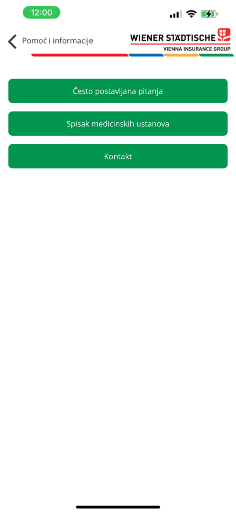 Help and information screen of the Wiener Zdravlje app with buttons for FAQ and contact