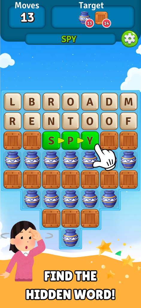 Alphabet Scape: Find Words! - Alphabet Scape gameplay screen showing a word search puzzle level where the hidden word SPY is being selected.