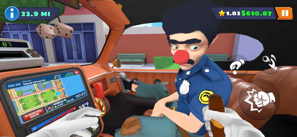 I Am Taxi Driver - Vue à la première personne de l'intérieur d'un taxi avec un passager portant un nez de clown et un tableau de bord interactif