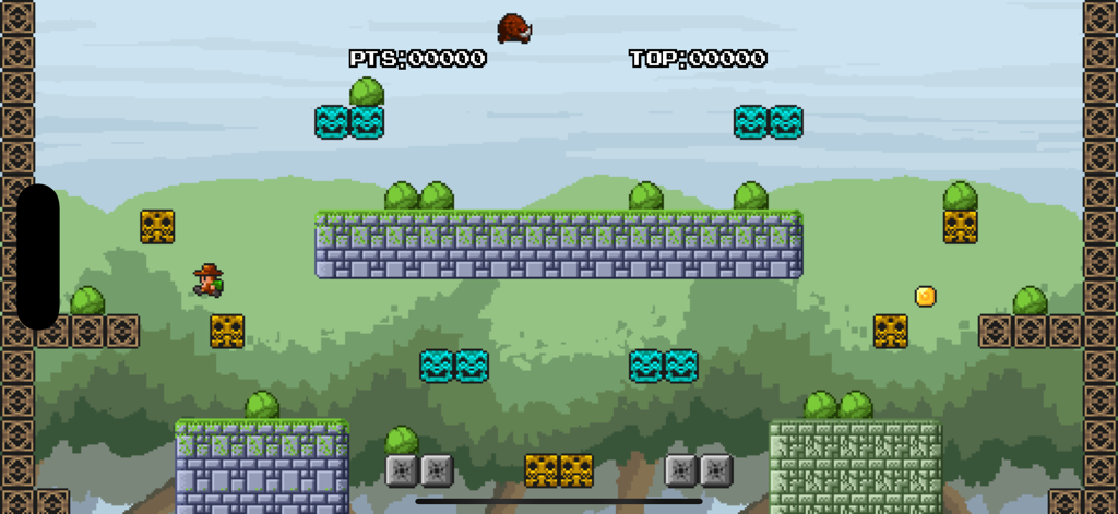 Aztec Antics - Captura de pantalla del juego de Aztec Antics mostrando a un explorador de arte de píxeles en un nivel de pantalla única con plataformas de piedra y monedas de oro