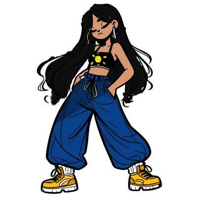 girl in baggy pants crop top and long hair