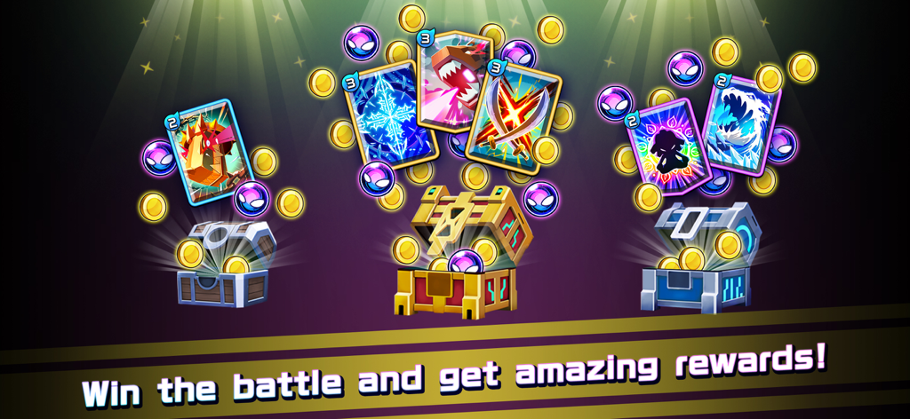 PROJECT_XENO - Three treasure chests opening to reveal coins and skill cards with a banner saying Win the battle and get amazing rewards